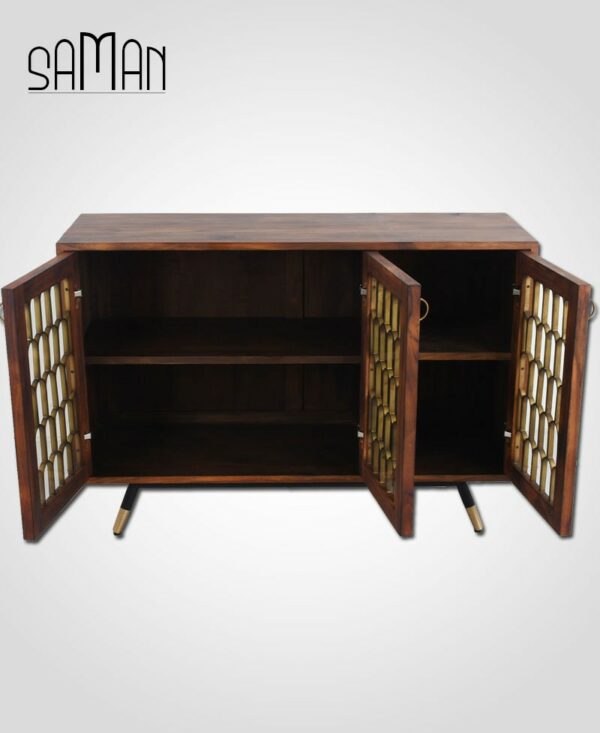 Buffet design trois portes inspiration art déco bois brule metal dore teck massif