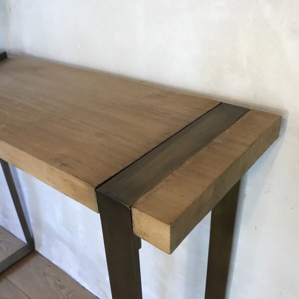 console-bois-clair-metal-doré-épuré-design-entrée-table-haute-laiton