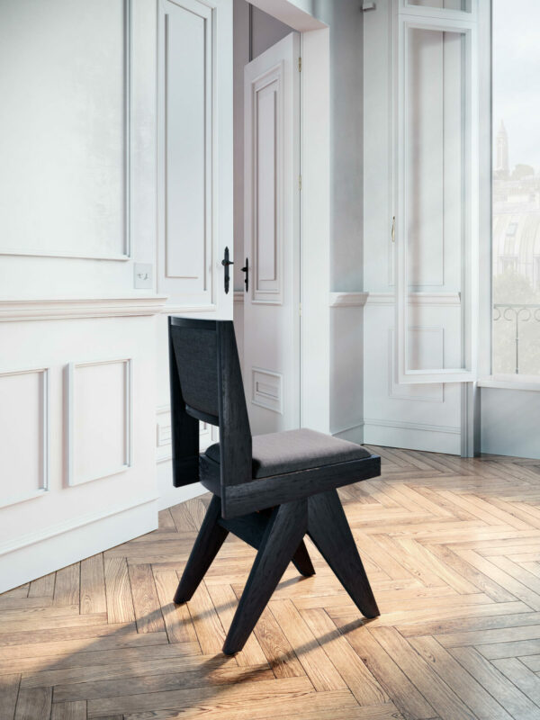 chaise-de-table-fauteuil-bureau-vintage-pieds-compas-bois-brûlé-shou-sugi-ban-yakisugi-1950-design-tissu-gris