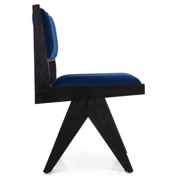 fauteuil-chaise-bois-brûlé-design-1950-jeanneret-vintage-velours-bleu-hospitality-mobilier-hôtel