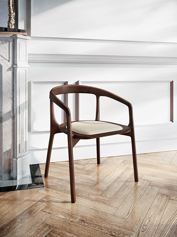 fauteuil-de-table-noyer-tissu-crème-design-courbe-arrondi-artisanat